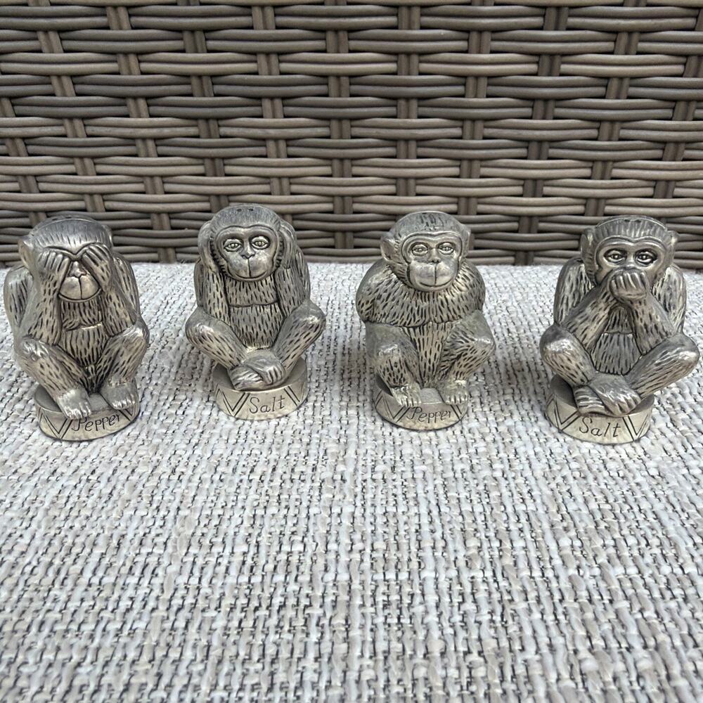 Vintage Godinger Silver Plated Set of 4 Wise Monkeys Salt and Pepper Shakers